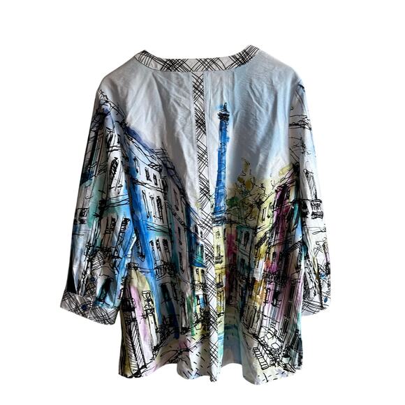 Ali Miles Mandarin Collar Tunic 3/4 Sleeve Button Front Blouse Top L City Print - Picture 6 of 12